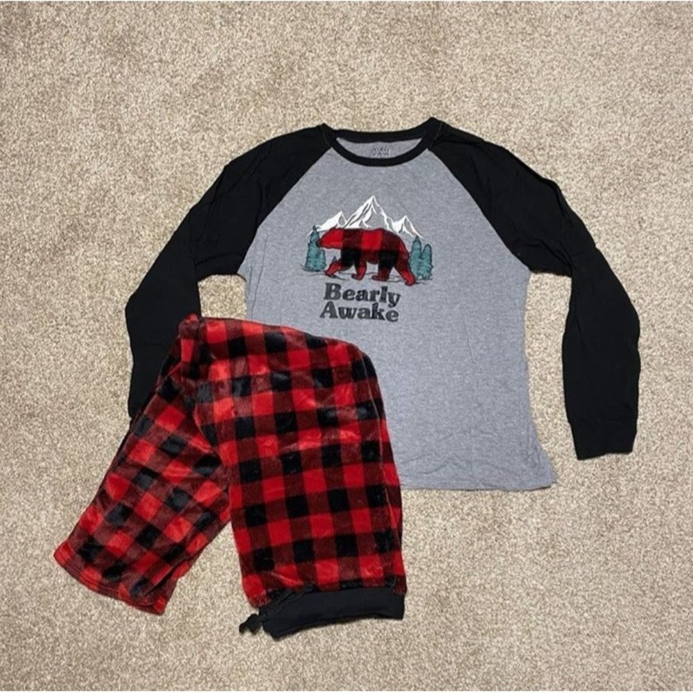 2 piece Set - Holiday FamJam set.  BARELY AWAKE top w/buffalo plaid bottoms  XL